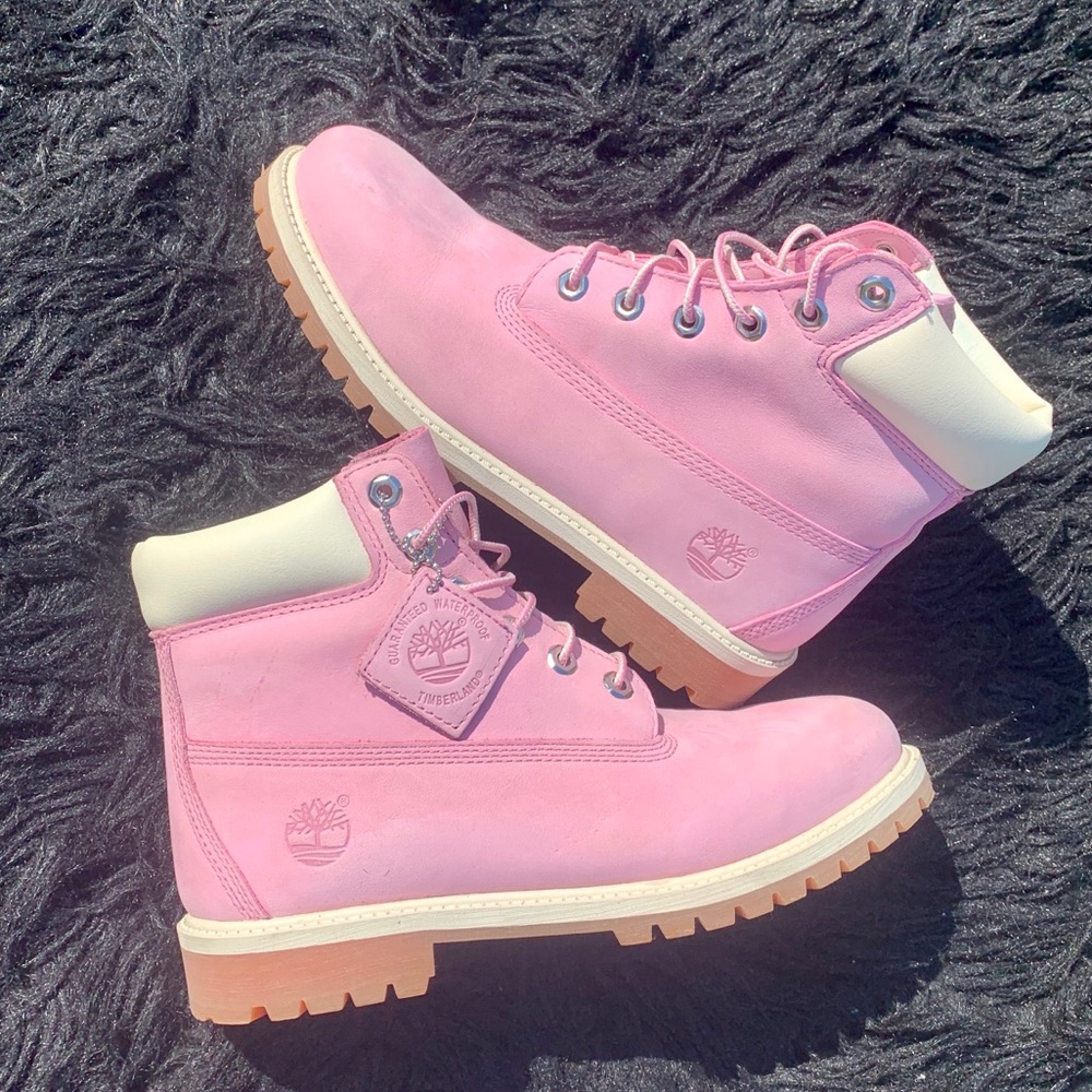 Women’s 6 Inch Pink & White Timberlands